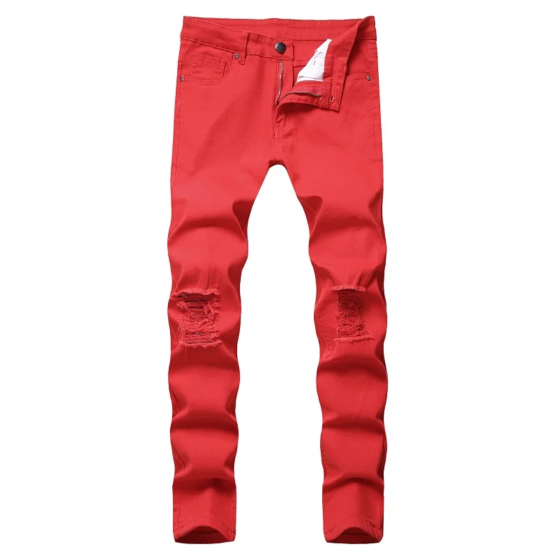 

New Fashion Brand Mens Ripped Biker Jeans Cotton Red Black White Slim Fit Motorcycle Jeans Men's Skinny Hole Denim Joggers Pants