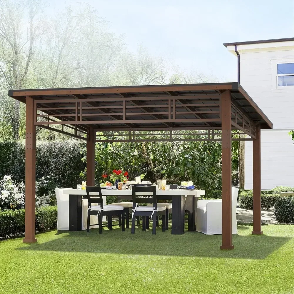 12x14 Hardtop Gazebo, Outdoor Pergola Metal Roof Gazebos, Patio Gazebos Canopy with Curtains, Permanent Pavilion Grill Gazebo