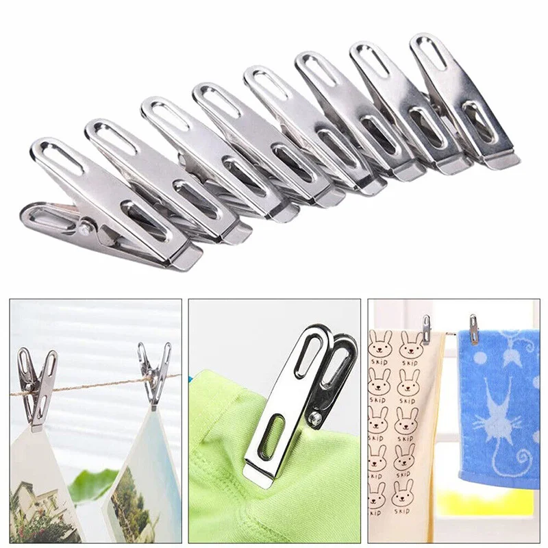 Clothes Pegs 10/20Pcs Stainless Steel Washing Clips Household Clothing Sealing Windproof Hang Pins Metal Clamps