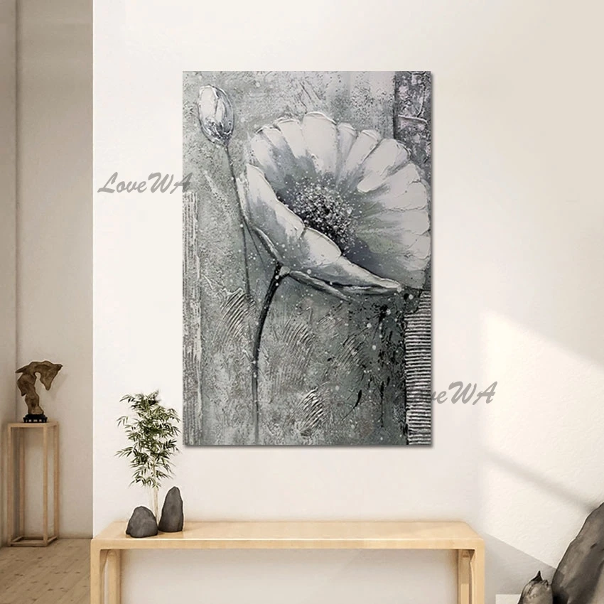 

No Framed Grey Thick Acrylic Textured Abstract Flower Oil Painting Modern Decorative Canvas Art Large Living Room Wall Picture