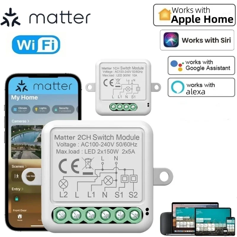1/4 Gang Matter WIFI Smart Switch Module Automation Relay Smart Breaker Voice Control Apple Home Siri Alexa Google smarttings