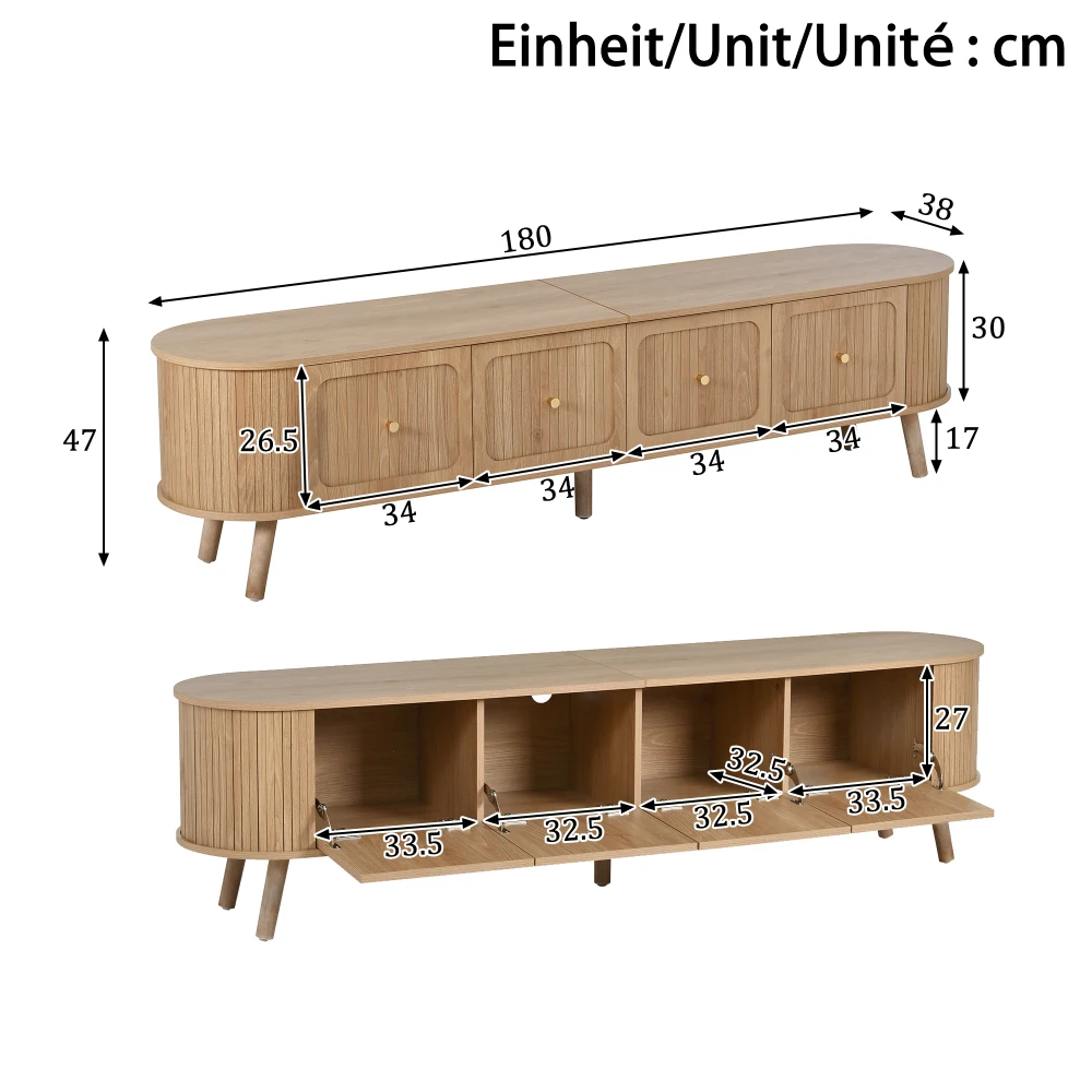 TV-Schrank aus Walnussholz mit 4 Schranktüren, Goldenen Griffen, Holzbeinen und TV-Panel in Einzigartigem Design – Detail 28