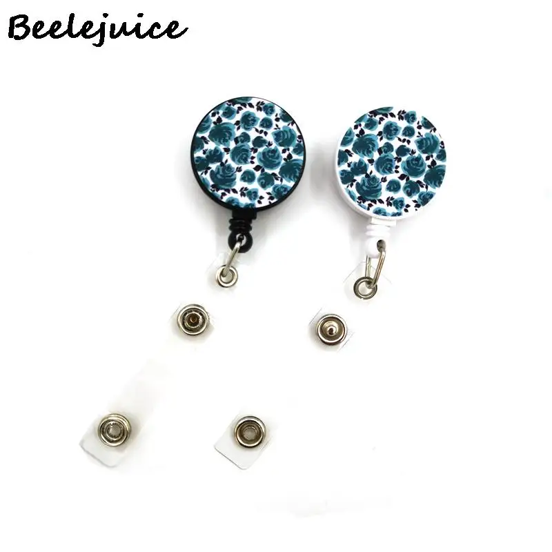 Elegant Blue Floral Badge Holder with Lanyard and Card Case