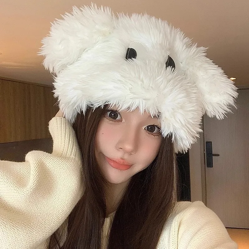 

Korean Funny Cap Fluffy Fur Beanies for Women Girl Winter Ear Protection Bonnet Cartoon Warm Headgear Plush Earmuffs Hat