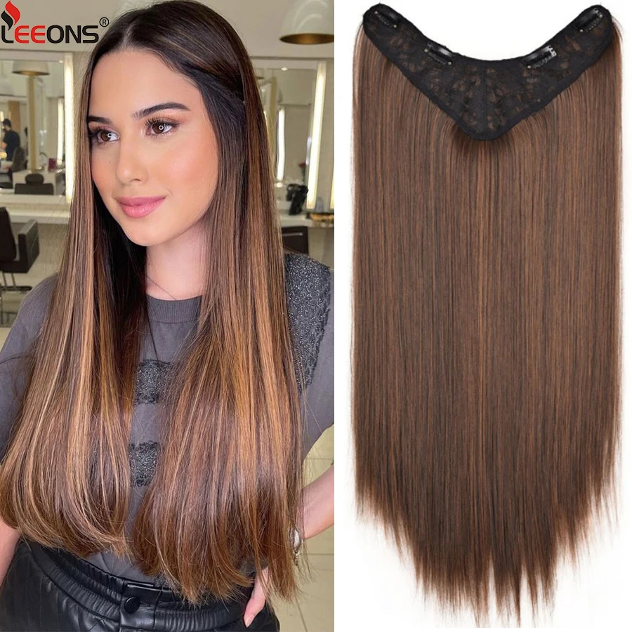 

Synthetic 24 Inch 60Cm V-Shaped Hair Extensions One Piece Hairpin Long Straight Ombre Brown Fake Hair Hairpiece For Women