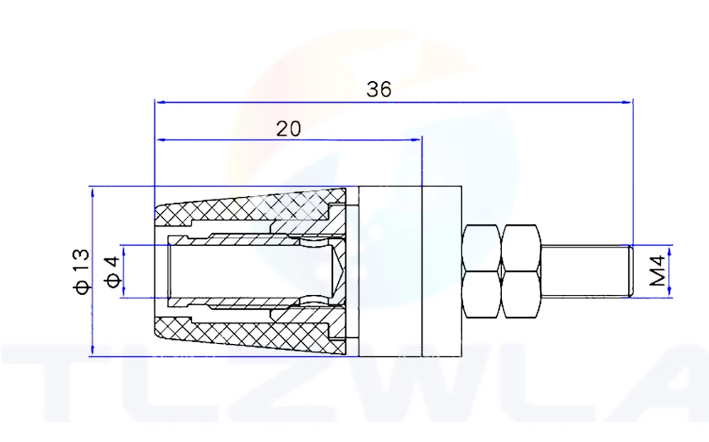Description Picture 3 of item5PCS M4X36 Pure Copper Terminal 4MM Banana Jack Socket 20A Binding Post Banana Plug Connector M4*36 Black Red Blue Green Yellow