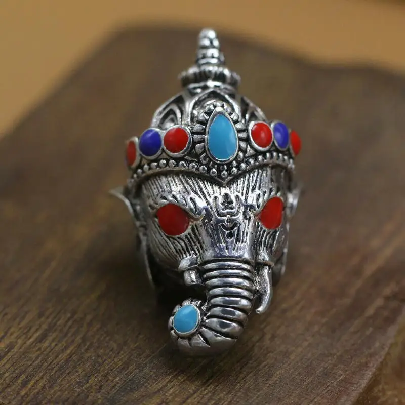 Chinese Ancient Miao Fengshui Silver Gem Elephhant Head Lucky Pendant Amulet