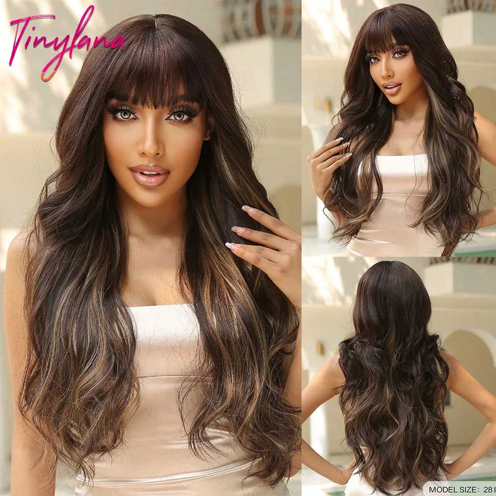 

Chocolate Brown Blonde Highlight Synthetic Wigs Long Wavy Cosplay Wig with Bangs for Women Afro Natural Heat Resistant Hair