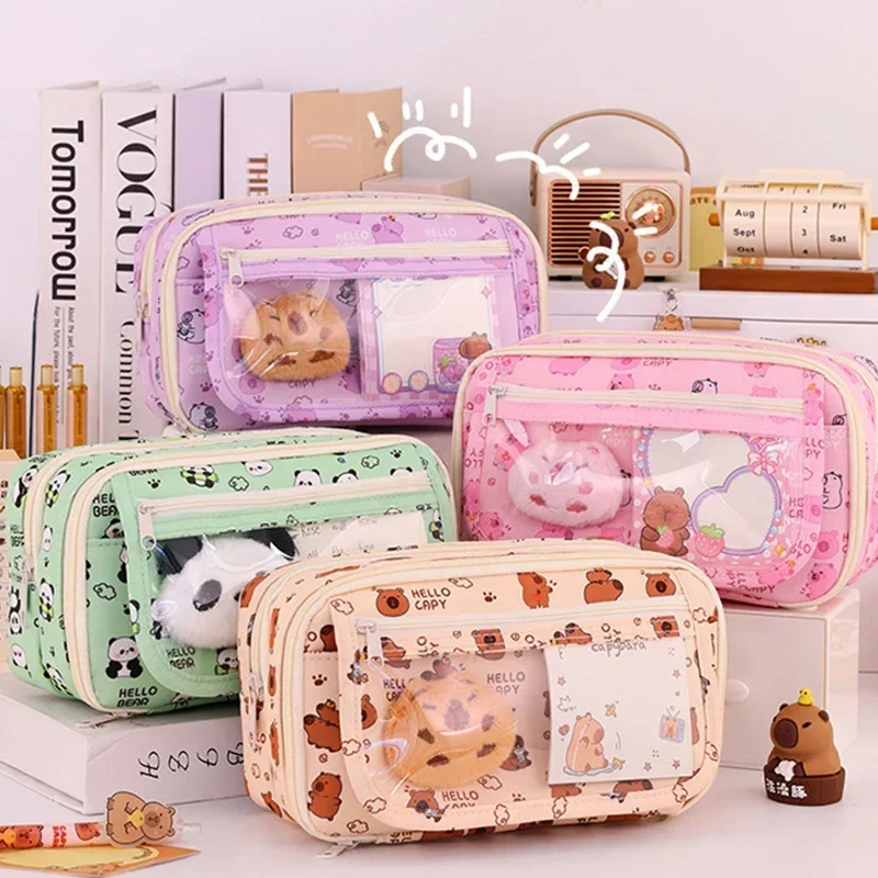 Pencil Case Capybara Multi-Layer Large Capacity Cartoon Stationery Organizer Cute Multi-Functional Pen Pouch for School Supplies pencil case