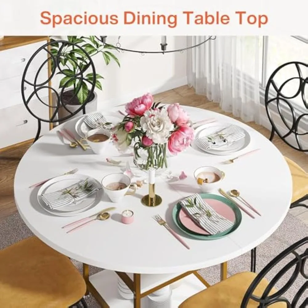 Dining Table Kitchen Tables for Dining Room, 4 People Round Dinner Table with Storage Shelves for Dining Room Kitchen Living 4