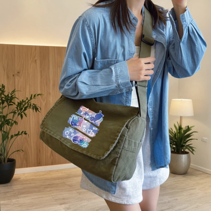 Casual Women's Shoulder Bag Quirky Cat Print Canvas Crossbody Bag Large Capacity for Daily Use Messenger Bag