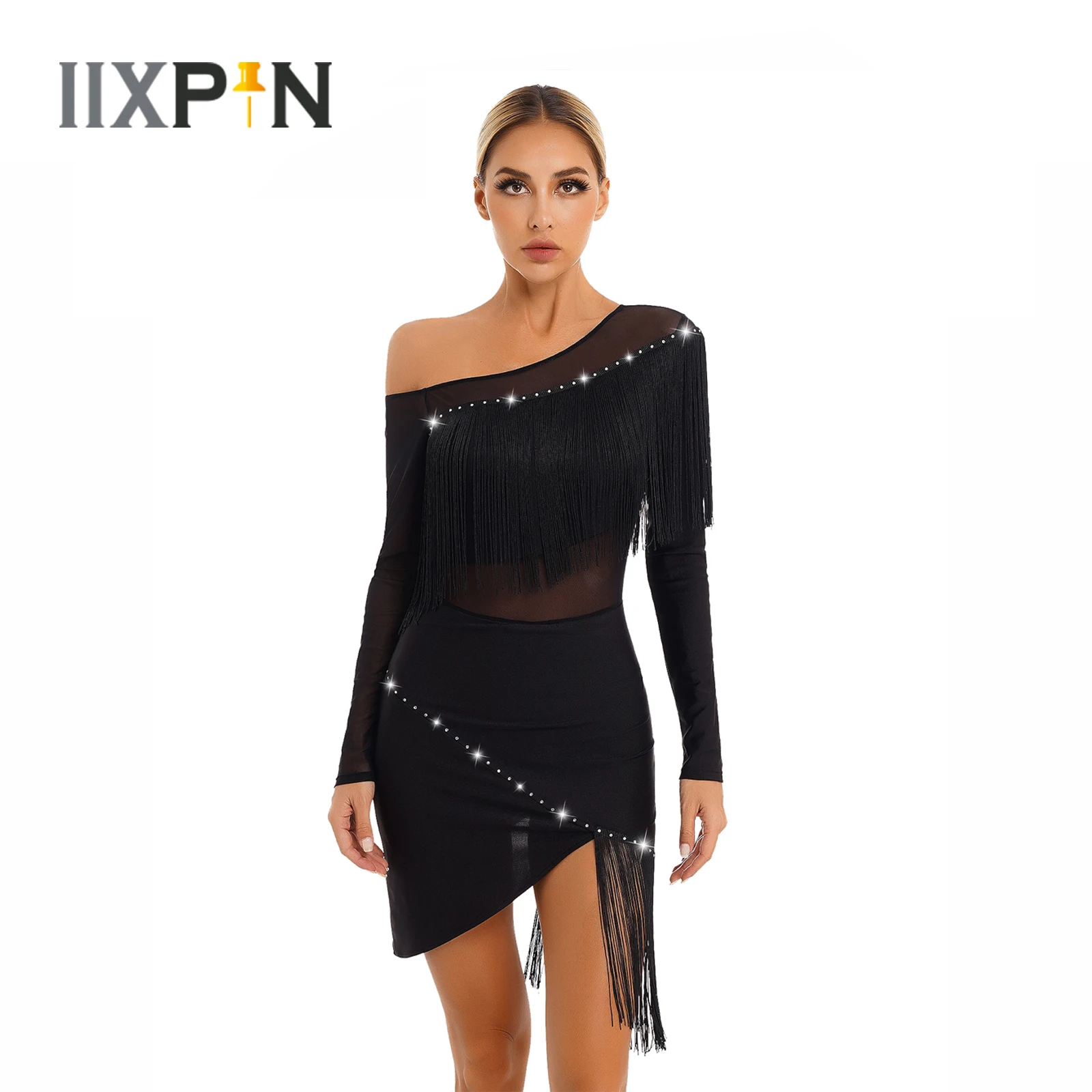

Womens Fringed Tassel Latin Dance Dress Long Sleeve Sheer Mesh Patchwork Dresses for Tango Cha-Cha Samba Performance Dancewear