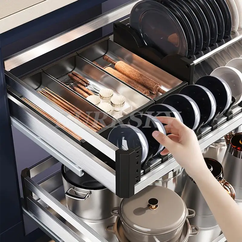 Pulling Kitchen Cabinet Basket Two-layer drawer-type Aluminum Alloy Deepening Cabinet With Bowls Chopsticks Dishe Storage Basket