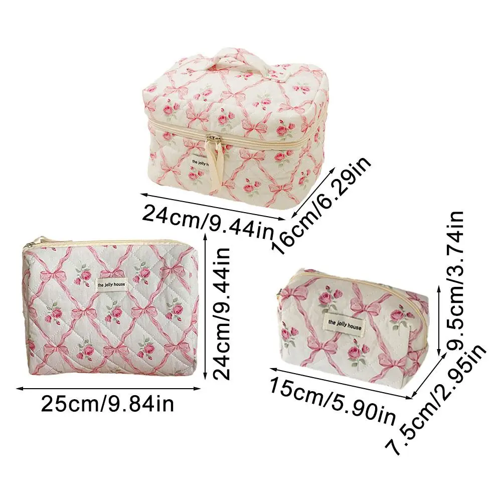 Cute Bow Flower Quilting Makeup Bag Women Zipper Cosmetic Organizer Female Cloth Handbag Portable Toiletry Case For Girls 6