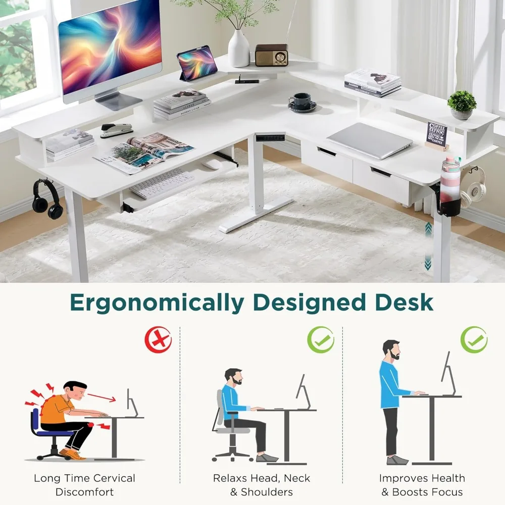 60 Inches L Shaped Electric Standing Desk, Height Adjustable Corner Gaming Desk with Drawers, Keyboard Tray, Power Outlets 4