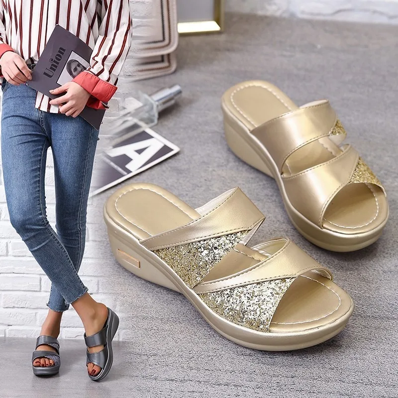 

Woman Summer Gold Open Toe Sandal Dress High Heels Platform Wedges Heeled Pumps Ladies Shoes