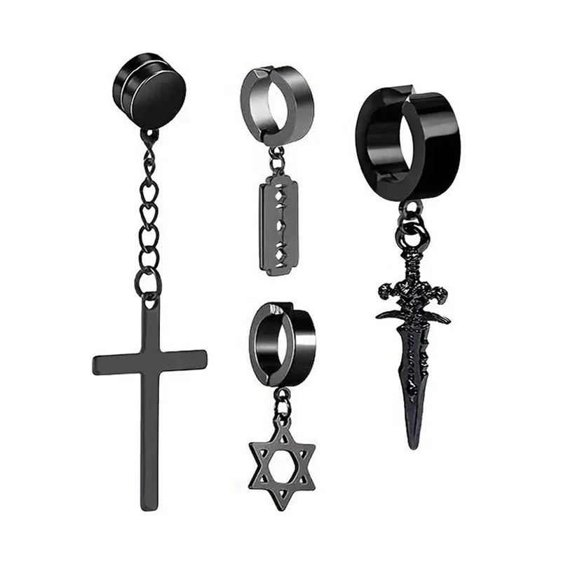 Magnetic Earrings Clip Earrings Ear Accessories 2-7 pcs Men's Punk Cross Lightning Star Array Stainless Steel Earring Sets