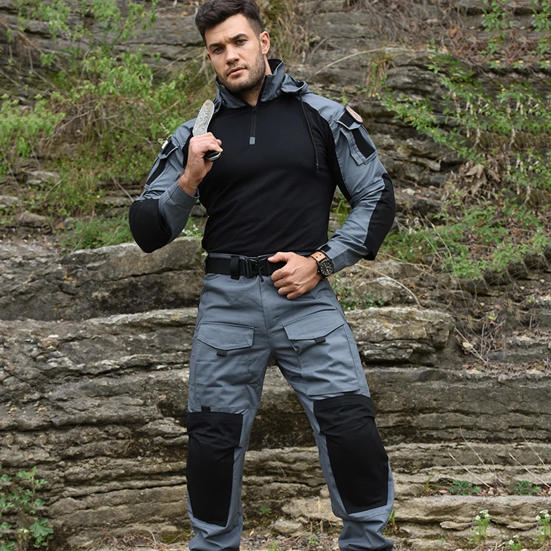 HAN WILD Tactical Suits with Pads Uniform Hooded Shirt and Pants Wear Resistant Shooting Training Combat Sport Hiking Shirts Men