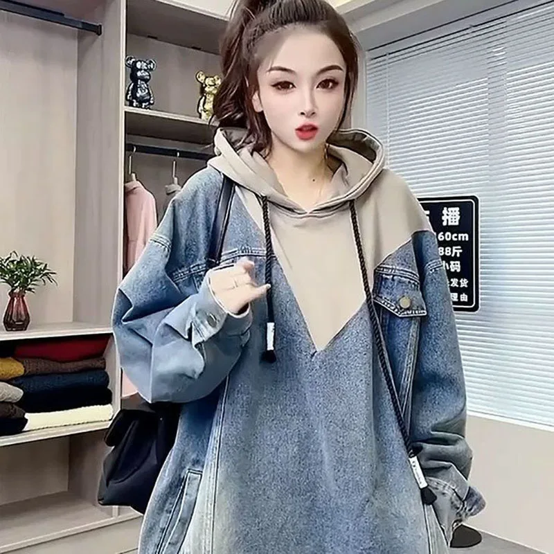 Oversized Female Hooded Denim Coat Spliced Pullover Hoodie Spring