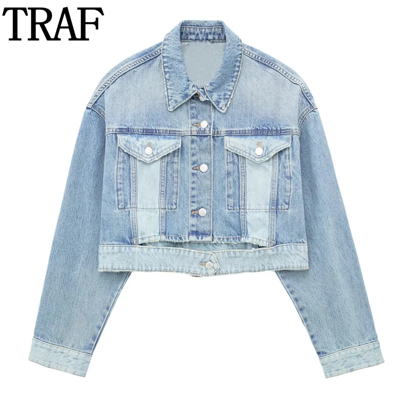 TRAF Cropped Denim Jacket Woman Cut Out Blue Jeans Jacket Women Streetwear Long Sleeve Bomber