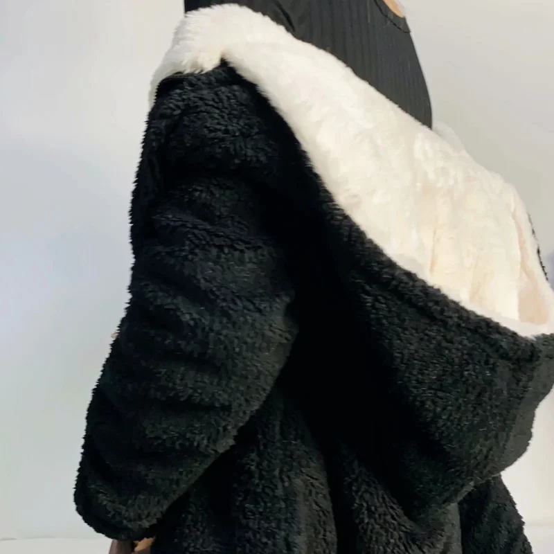 2024 Thickened Warm Jacket Autumn and Winter New Loose Long-sleeved Two-sided Faux Fur Hooded Zipper Plush Jacket for Women