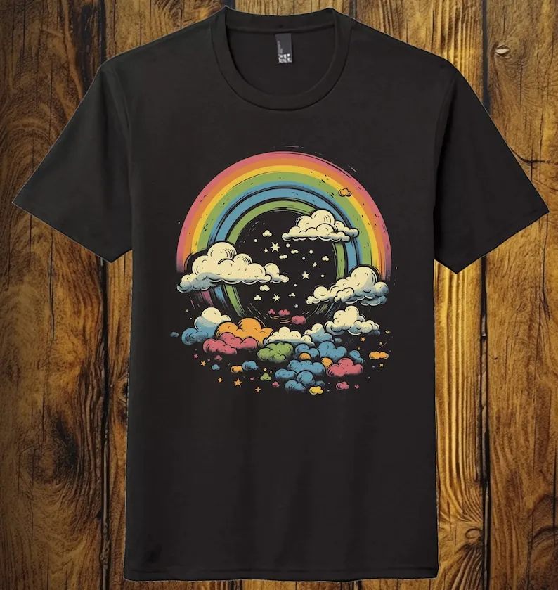 

Rainbow Clouds Stars Graphic Shirt Black Unisex Soft