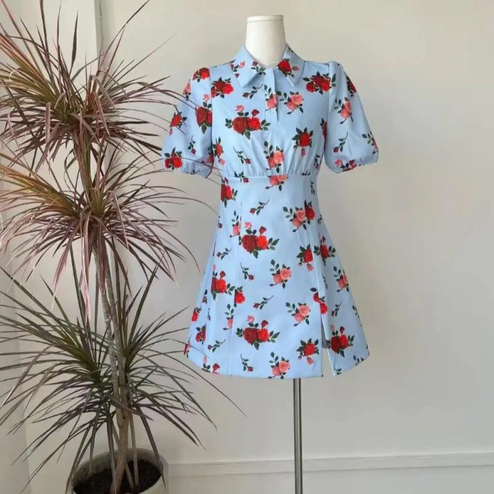 

Корейское модное синее мини-платье с принтом розы, Брендовое ретро-платье Dsign с рукавами-фонариками, милые элегантные платья с завышенной талией и тонким лацканом