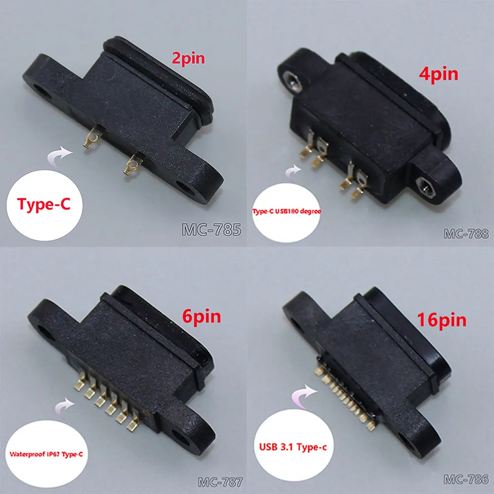 

1pcs Type C 2Pin 4Pin 6Pin 16Pin Waterproof Female Socket Port With Screw Hole Fast Charge Charging Interface IP67 USB Connector
