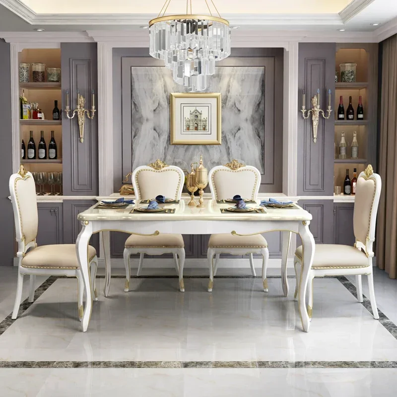 American light luxury rectangular solid wood dining table European marble dining table and chair combination household modern si