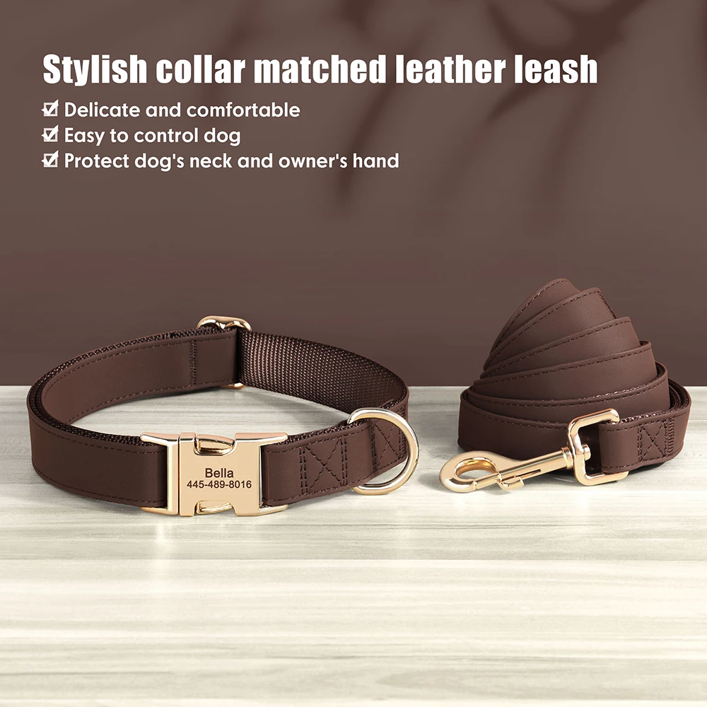 Engraved Leather Dog Collar And Leash Set For Small Medium Large Dogs_voghion.com