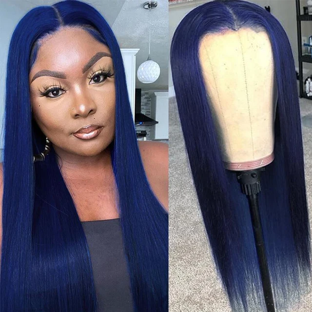 Usmei Dark Blue Straight Lace Front Wig HD Silky Straight Synthetic Lace Wigs Heat Resistant Fiber