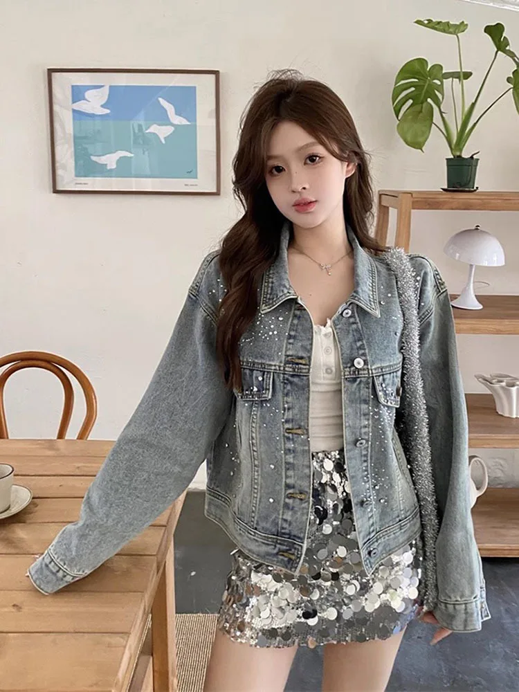 

Женская джинсовая куртка с жемчужинами и бусинами, повседневный весенний кардиган с длинными рукавами и стразами, уличная одежда