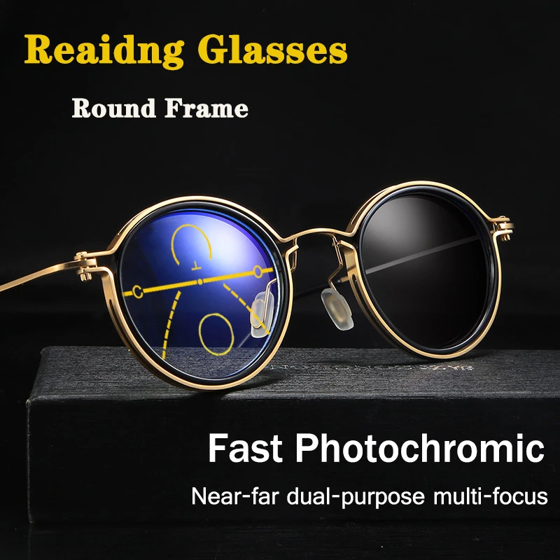 

Round frame Retro Progressive Photochromic Reading Glasses Men Women Multifocal Anti blue light Computer Spectacles +1.0 To +4.0