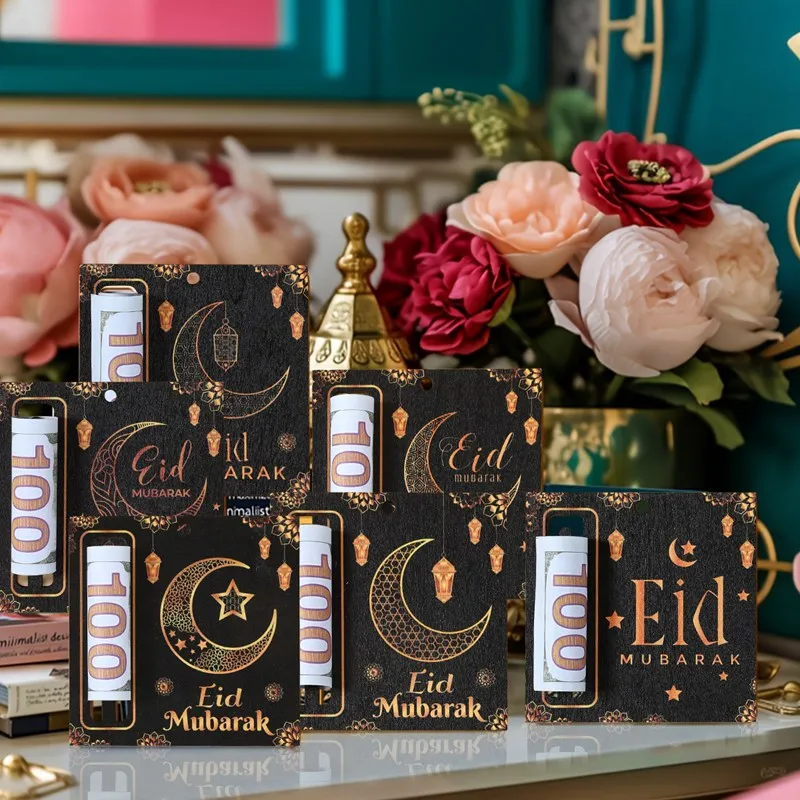 1/6 Stück Eid Mubarak Holz hängende Geldklammer Kartenhalter Ramadan Mubarak Dekor 2025, islamischer muslimischer Eid Al-Fitr Partyzubehör – Detail 5