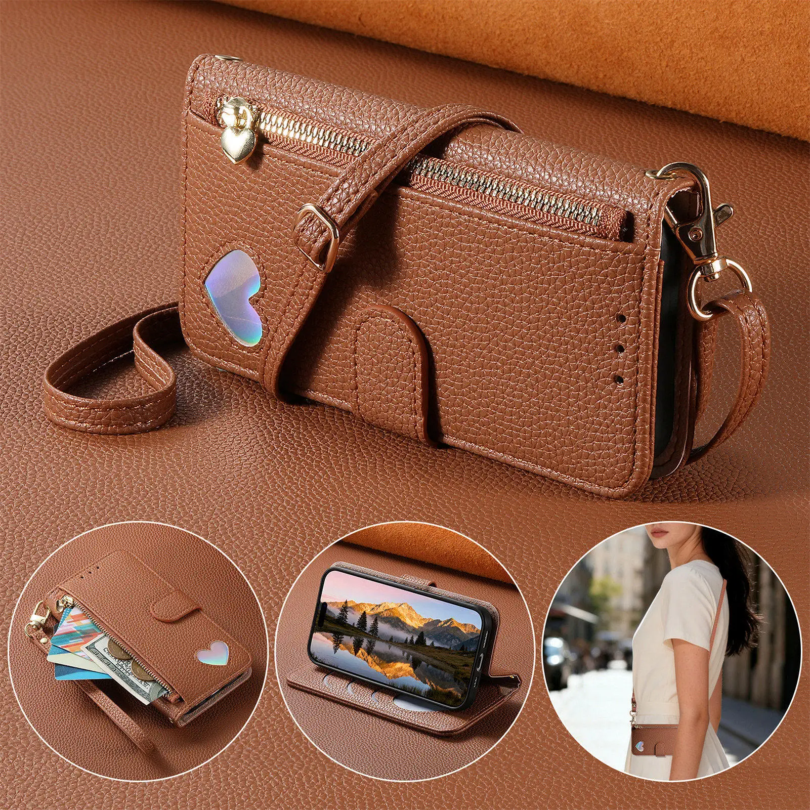 Crossbody Leather Shoulder Zip Wallet Case with Card Slots and Handy Strap