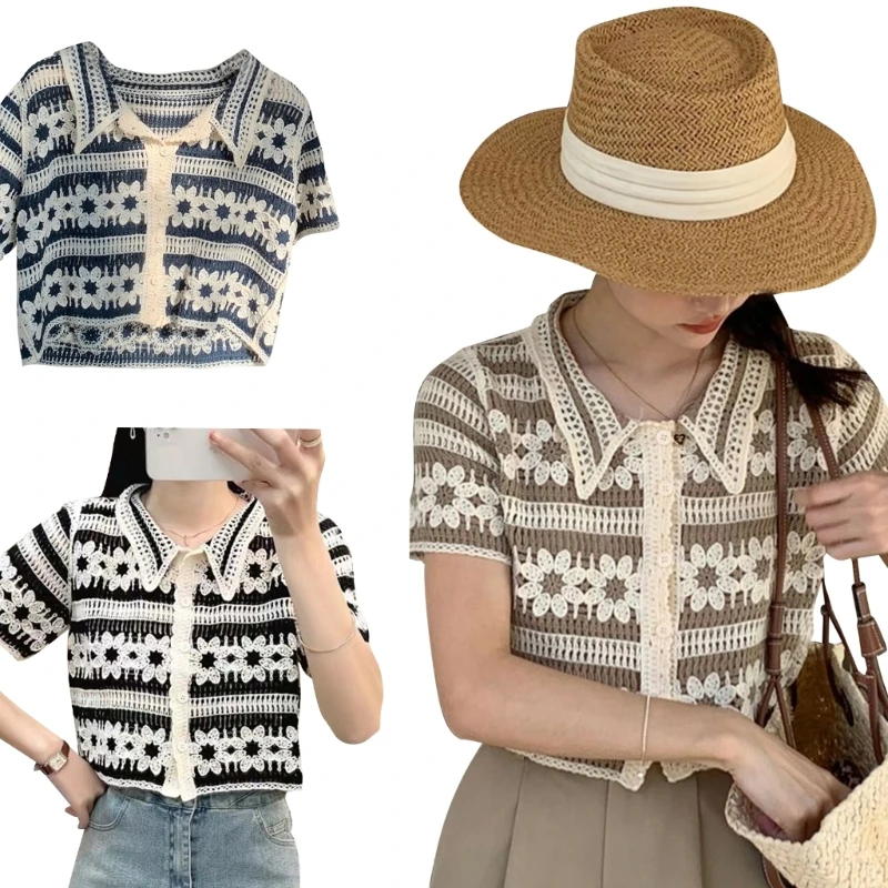

Sweater Crop Cardigan Knit Shrug Tops Button Down Lightweight Hollow-Out Flower