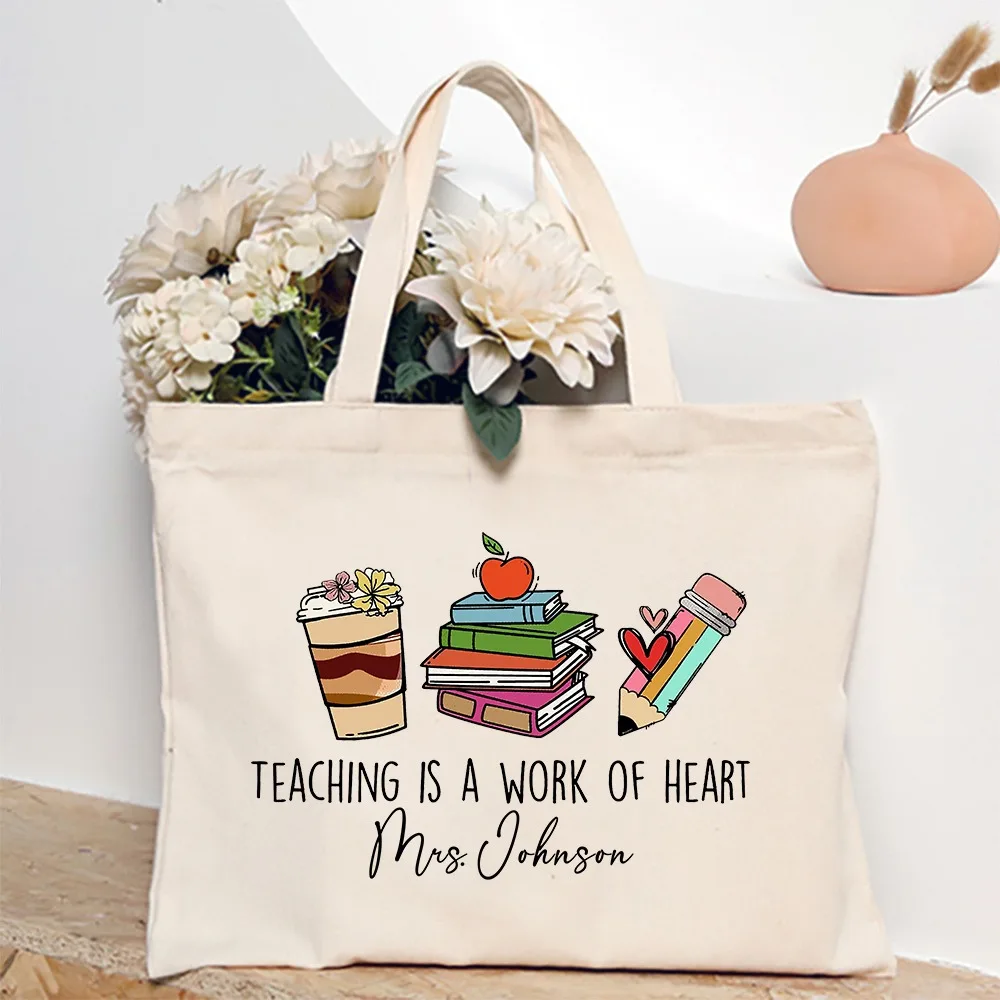 Personalized Tote Bag Custom Name Canvas Shoulder Bags Teacher Life Shopping Bag Female Travel Handbags Best Gift for Teachers 5
