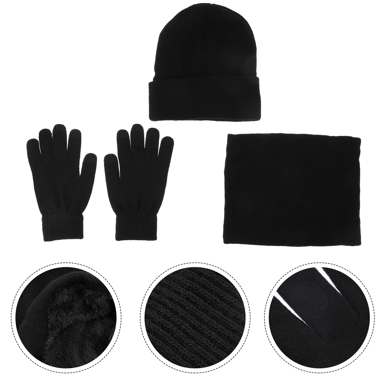 

Winter Beanie Set Double-layer Knitted Hat Neck Warmer Gloves Lined for Men Women (Black)