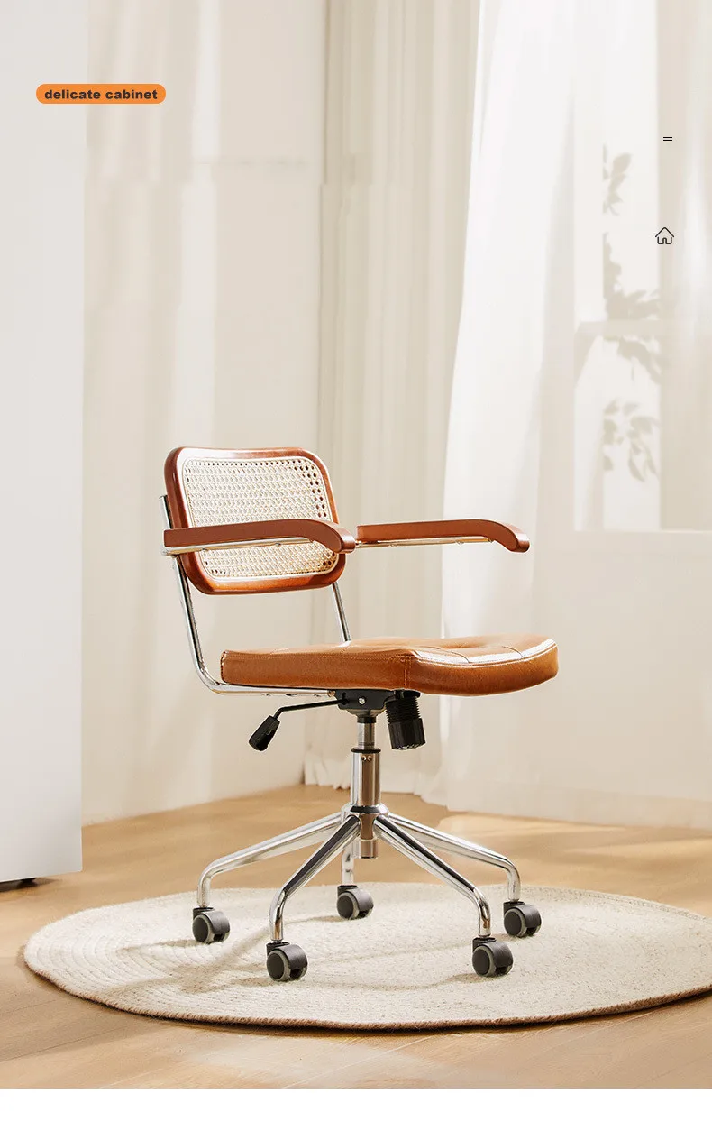 Description Picture 6 of itemRetro PU Leather Bamboo Woven Backrest Chair Office 360-Degree Swivel and Lift Computer Chair Study Office Chair Single Seat