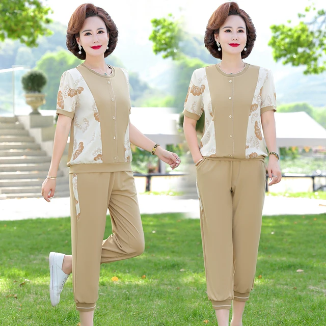 Women Pants 2-Piece Set Female Summer Suit Middle-aged Mom linen sports Set  Casual Fashion Suit - AliExpress
