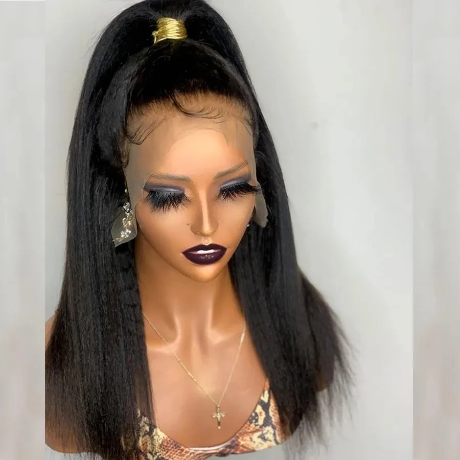 

MXWIGS Yaki прямая свободная часть черный цвет 13X 4 кружевной передний парик для женщин синтетические волосы парики безклеевые мягкие предварительно выщипанные Косплей