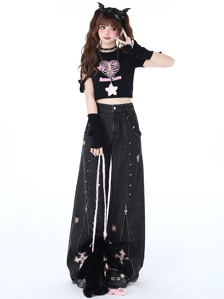 HOUZHOU Gothic Black Baggy Jeans Women Trashy Y2k 2000s Streetwear Punk Rivet Zipper Emo Jeans Vintage Harajuku Denim Trousers