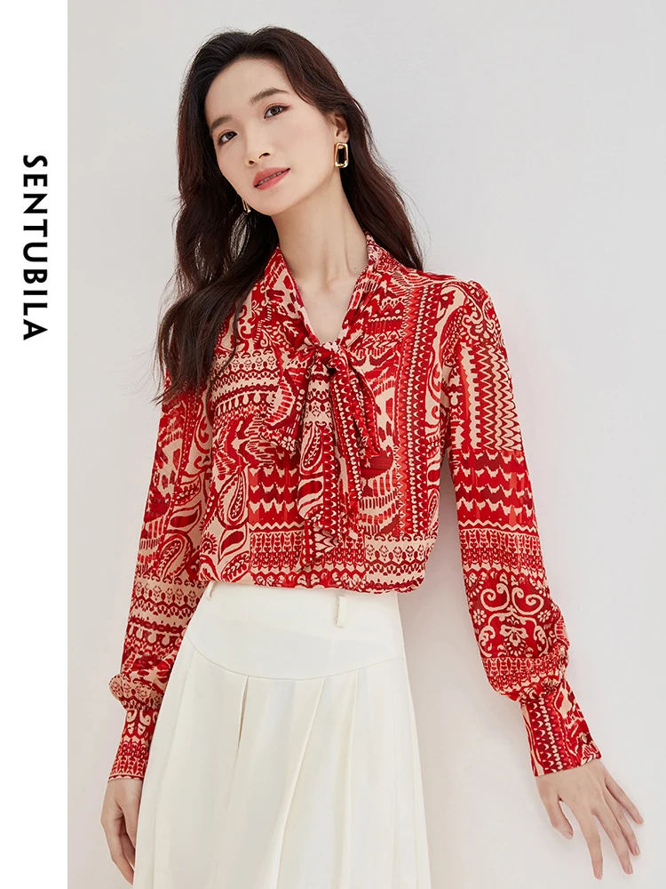 SENTUBILA Vintage Printed Chiffon Shirts 2024 Spring Lazy Style Lace-up Loose Women Blouse Women's Long Sleeve Tops 141C52504