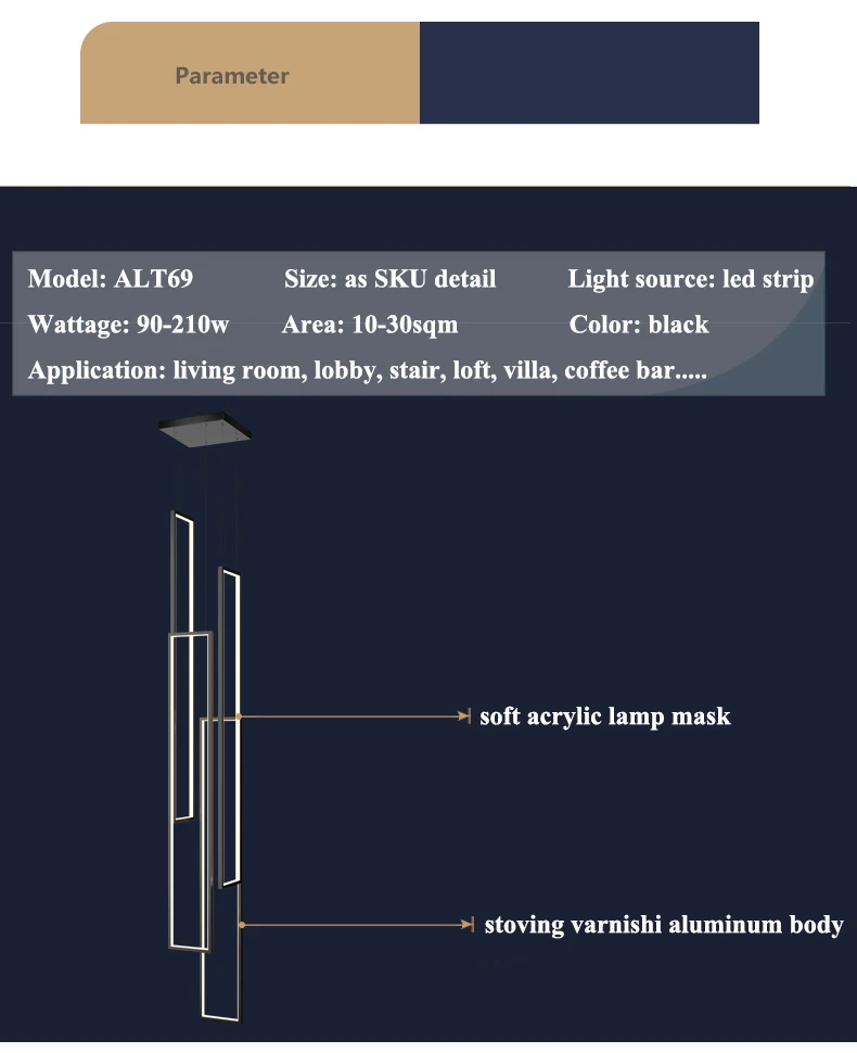 Modern black/gold rectangular led living room pendant light bedroom kitchen light luxury duplex loft lighting pendant light bamboo pendant light