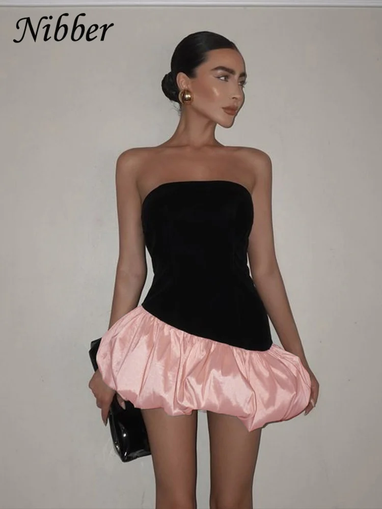 Nibber Summer Puffy Dress Women Y2K Elegant Irregular Velvet Patchwork Strapless Midnight Birthday Party Sweet Banquet Bodycon