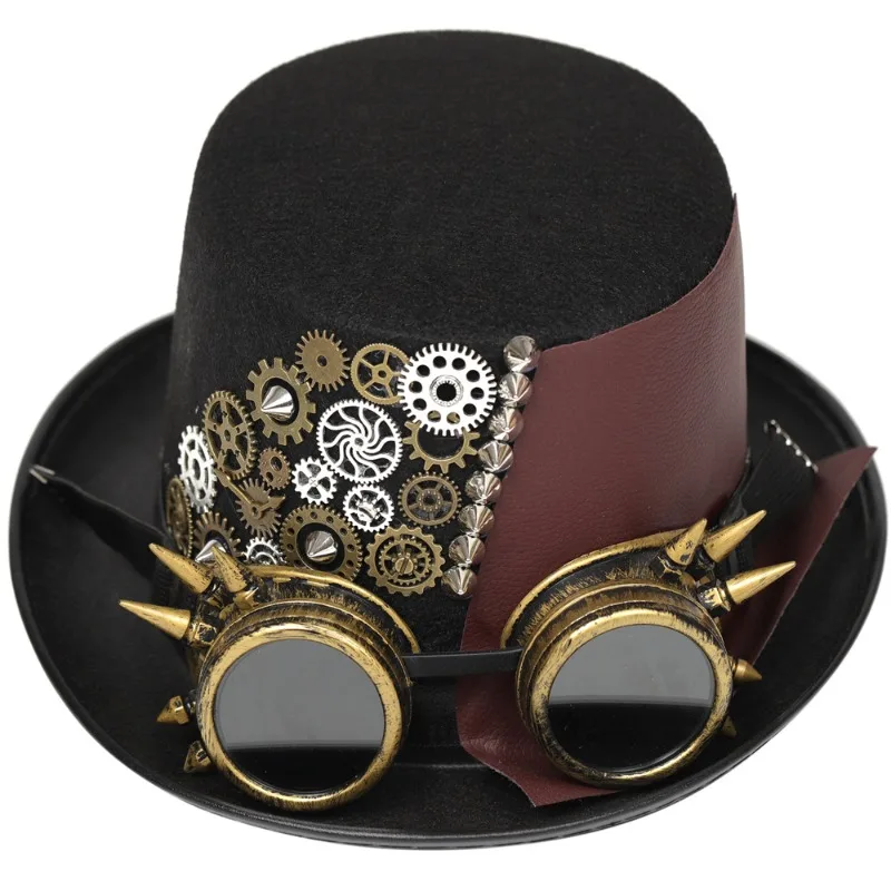 Sombrero Steampunk Gótico Chistera Con Engranajes Y Flores, Gafas Desmontables, Disponible En Talla M Y L, Ideal Para Cosplay Victoriano