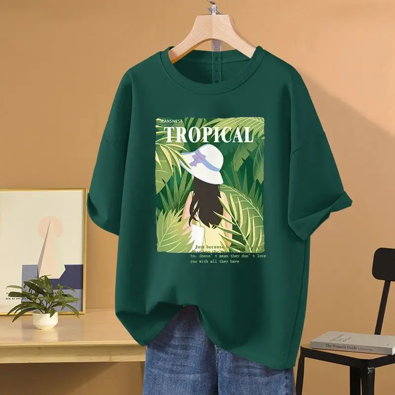

Women Top Cartoon Printed Chic T-shirt 2024 Loose M-6XL O-neck Short Sleeve 100 Cotton Basics Tops Summer Casual Simple Pullover