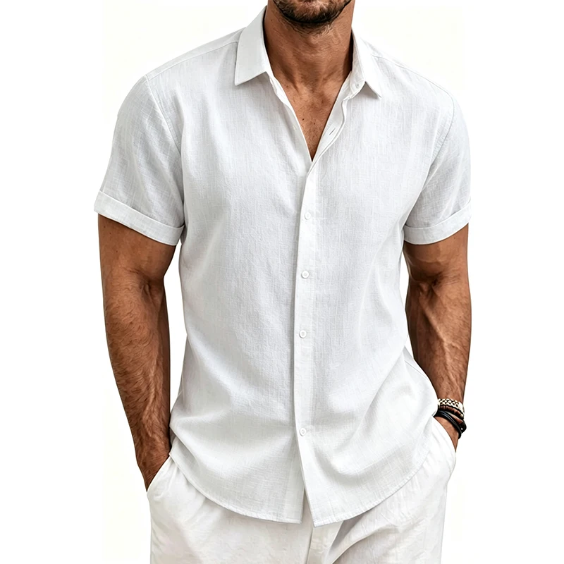 Men's Cotton Linen Shirts Essential Comfortable Casual Lightweight Short Sleeve 2