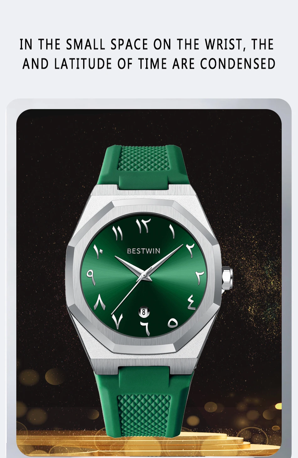 BESTWIN Fashion Luxury Arabic Men's Quartz Watch Business Casual Silicone Strap Mens Wristwatch Family Friends Birthday Gifts