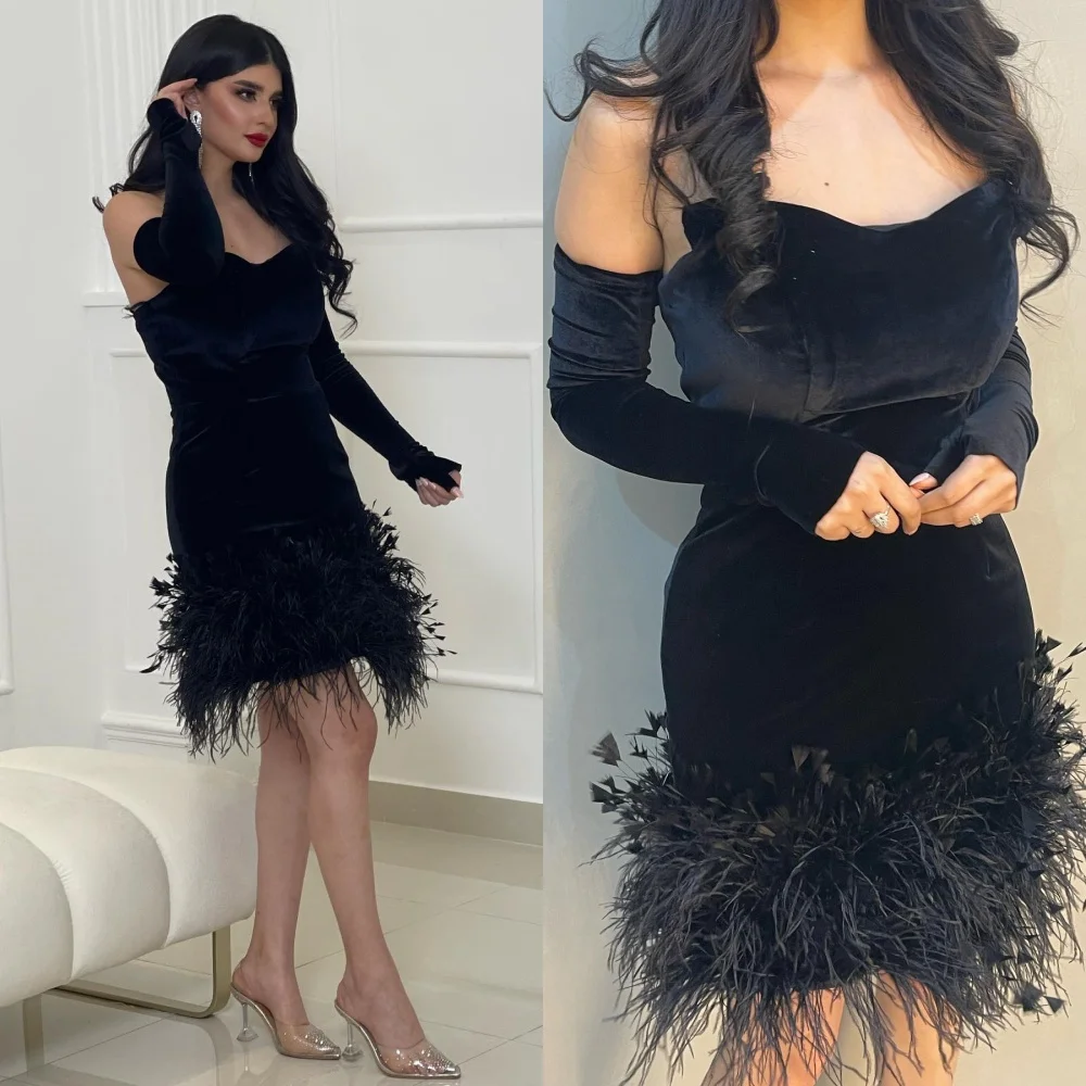 

Prom Dress Feather Retro Sexy Sweetheart Sheath Mini Cocktail Gown Feathers Shirred Velour Customized Saudi Arabia